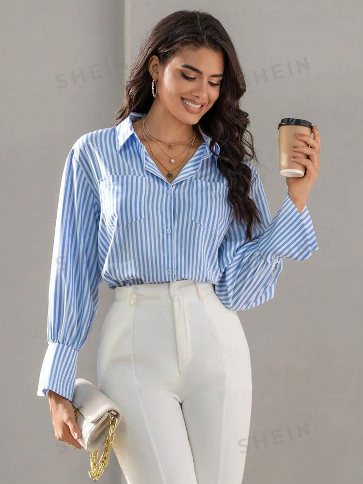 SHEIN Privé Striped Print Button Front Shirt Workwear | SHEIN