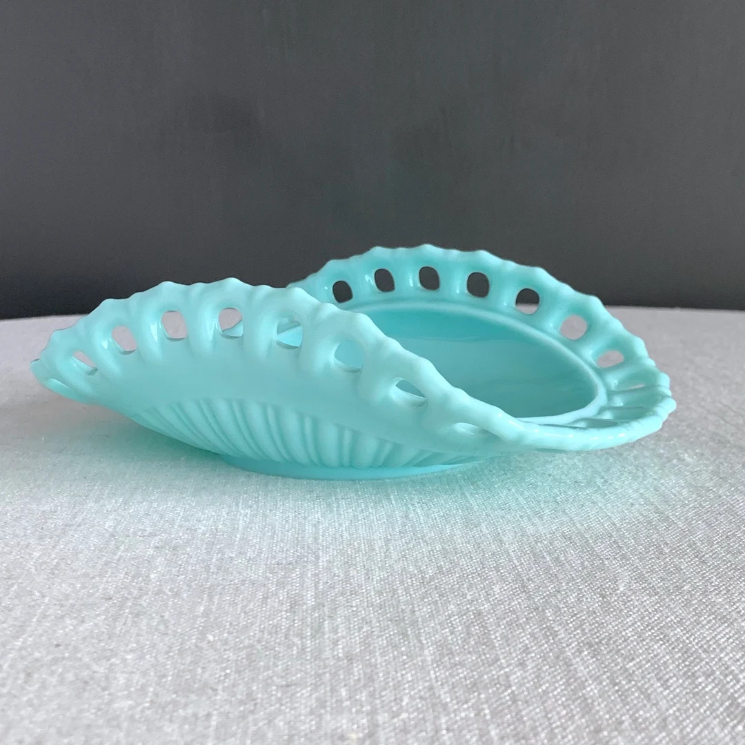 Fostoria Blue Milk Glass Bowl -  Randolph Pattern Turquoise Aqua Open Rim Folded Sides Dish 1950s | Etsy (US)