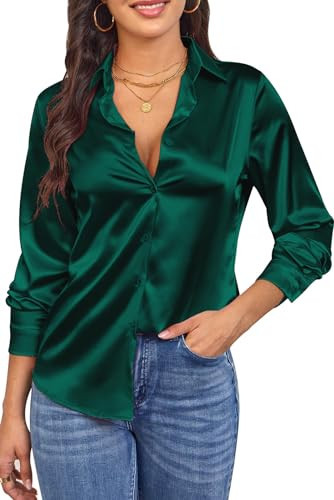 Silk Shirts for Women Womens Long Sleeve Satin Button Down Elegant Business Office Blouse Ladies Casual Collared Tops Dark Green XL | Amazon (US)