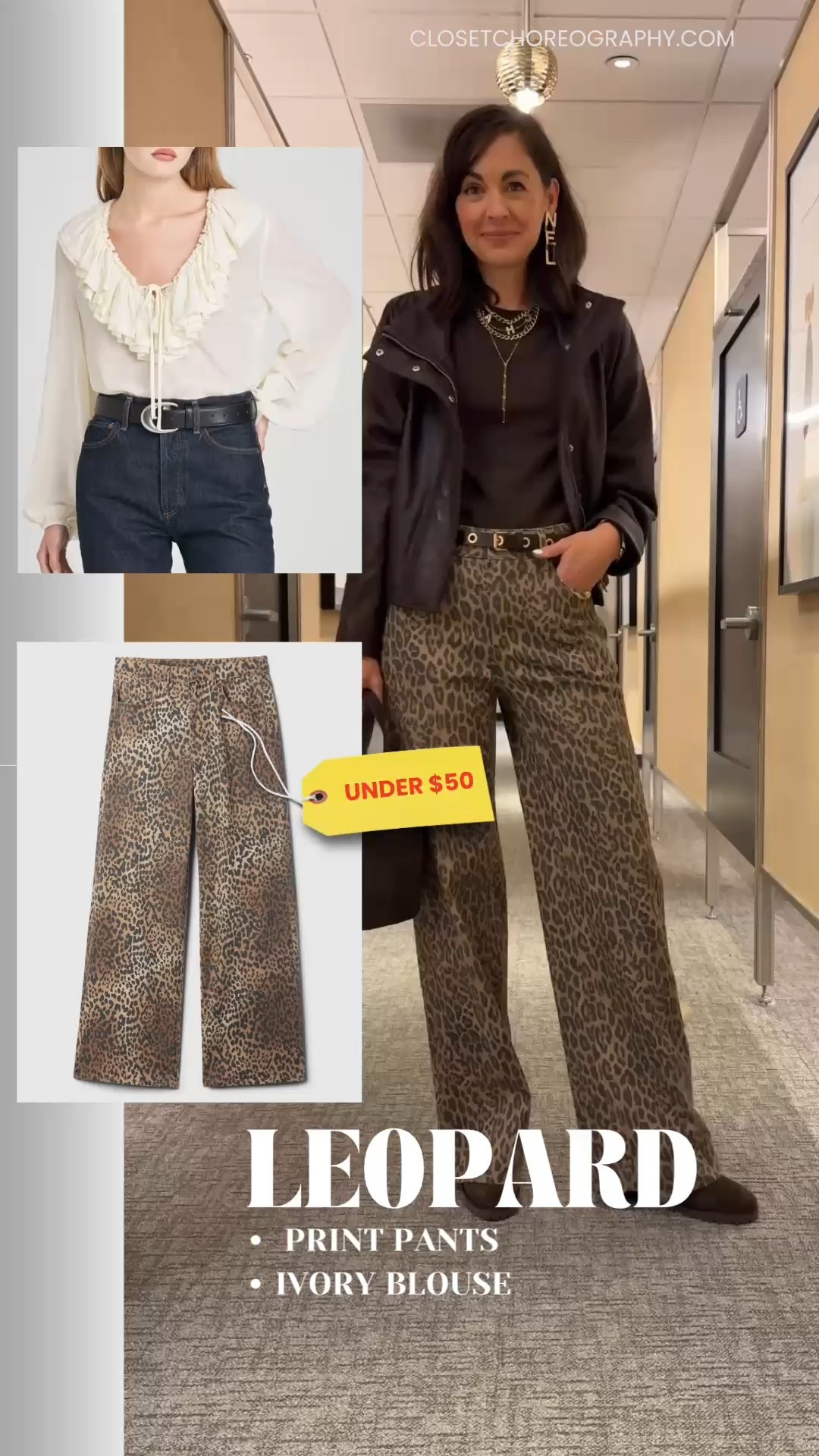 Leopard print pants are here to stay and the ones on sale sold out but the ones I wear are under $50 and just restocked here. Pair them with just about any color but you can’t go wrong with an ivory designer inspired top like this under $65!