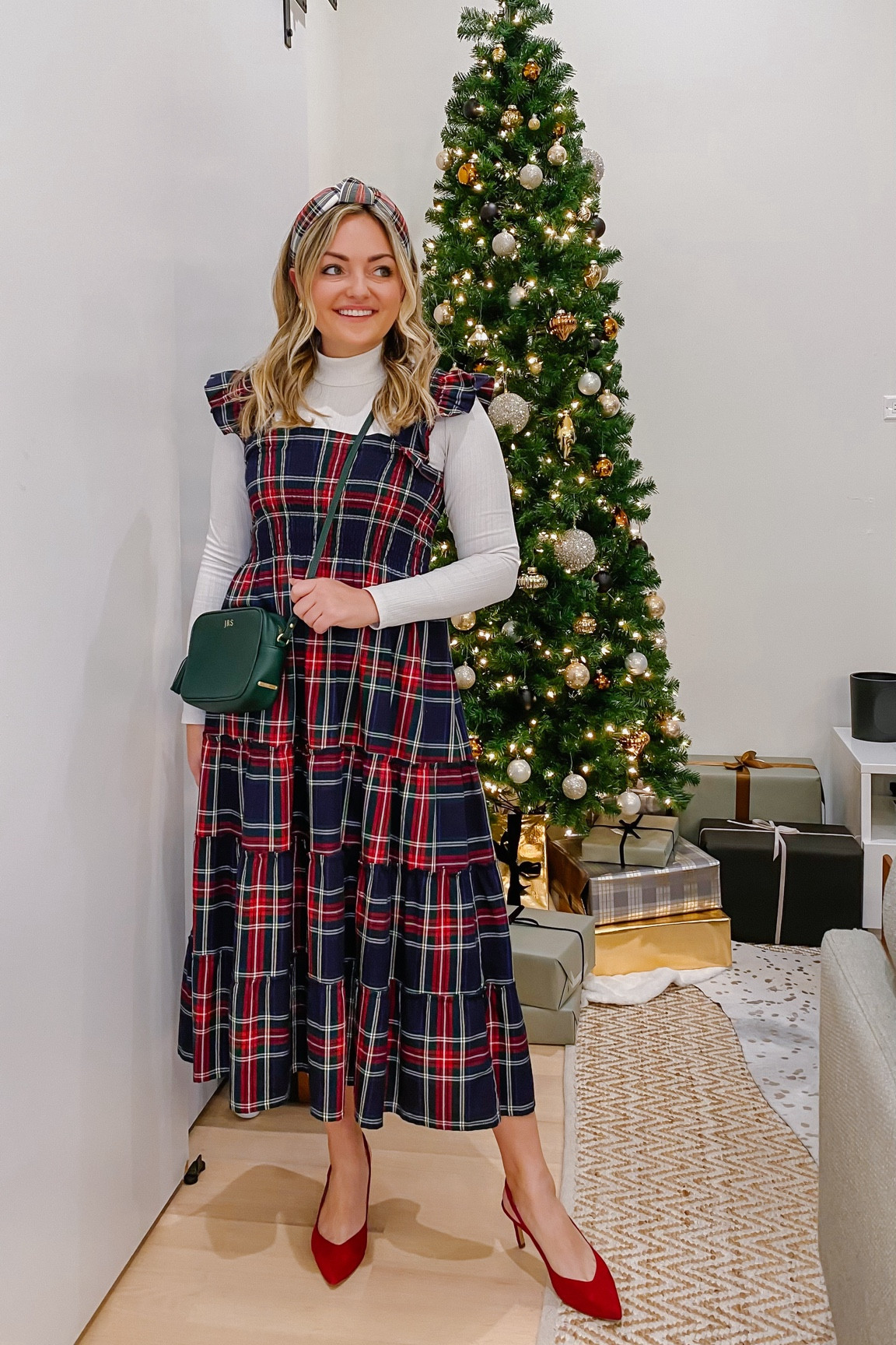 Christmas outfit. Holiday party outfits. Holiday dress. 

Plaid Nap Dress. Tartan Headband. White Turtleneck. Red Slingback Heels. Monogrammed Crossbody Bag. Pearl Earrings.

#LTKstyletip #LTKSeasonal #LTKHoliday