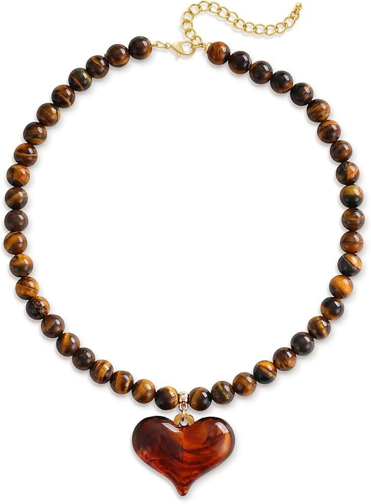 Chunky Stone Beaded Necklace Amber Puffy Resin Heart Pendant Necklace for Women - Tiger Eye Vinta... | Amazon (US)