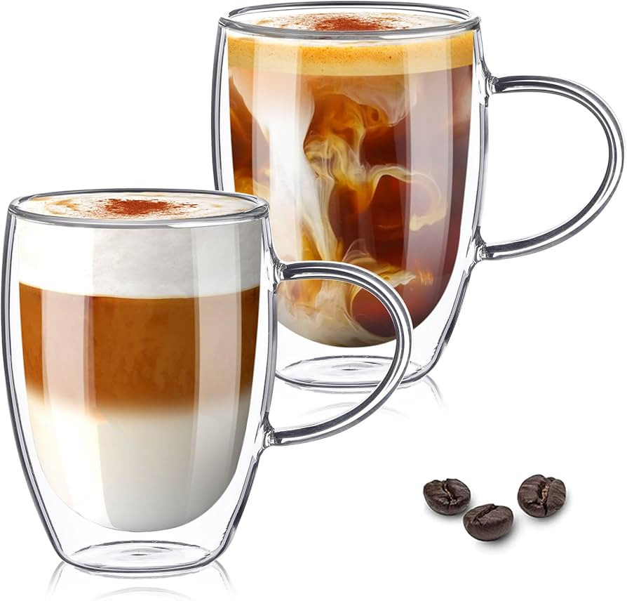 TKNO Double Walled Glass Coffee Mug Cups 350ml with Handle, Set of 2 Hollow Vacuum Sealed Cappucc... | Amazon (UK)