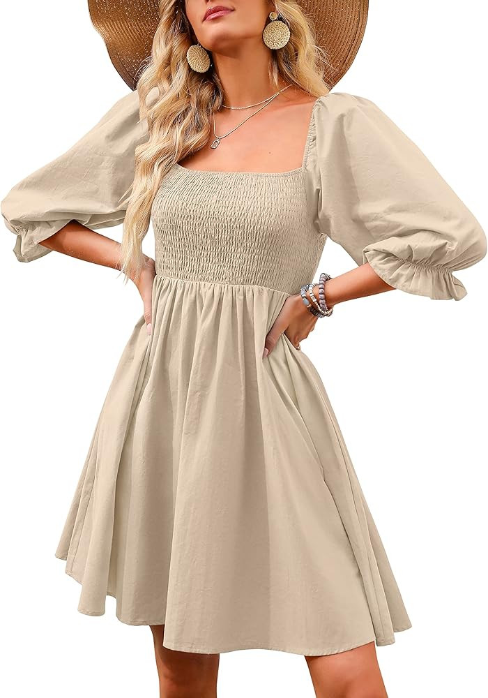 ANRABESS Womens 3/4 Puff Sleeve Square Neck Smocked Babydoll Dress Cute A Line Flowy Short Mini Dres | Amazon (US)