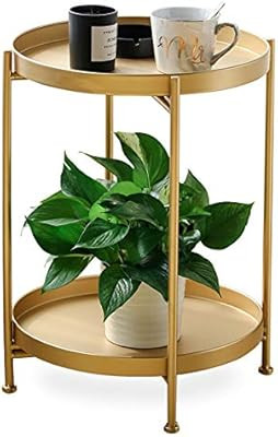 FUNME Gold Folding End Table 2-Tier Metal Round Side Table with Removable Tray for Living Room,(1... | Amazon (US)