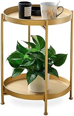 FUNME Gold Folding End Table 2-Tier Metal Round Side Table with Removable Tray for Living Room,(1... | Amazon (US)