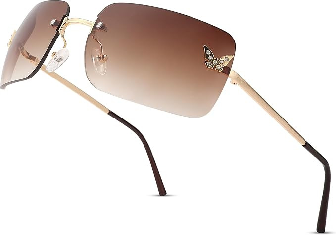 Y2K Sunglasses for Women 2000s Rimless Butterfly Fashion Rectangle Shades | Amazon (US)