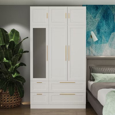 Famapy Modern White Wardrobe with Integrated Mirror and Ample Storage | Target