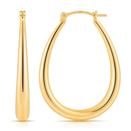 Gacimy Gold Chunky Hoop Earrings for Women, 14K Gold Plated Oval Hoop Medium Gold Earrings with 925 Sterling Silver Post | Amazon (US)