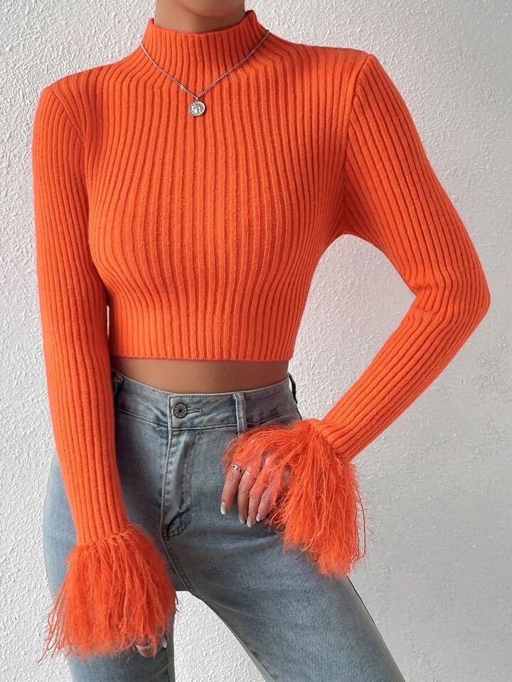 SHEIN BAE Mock Neck Fuzzy Cuff Crop Sweater | SHEIN
