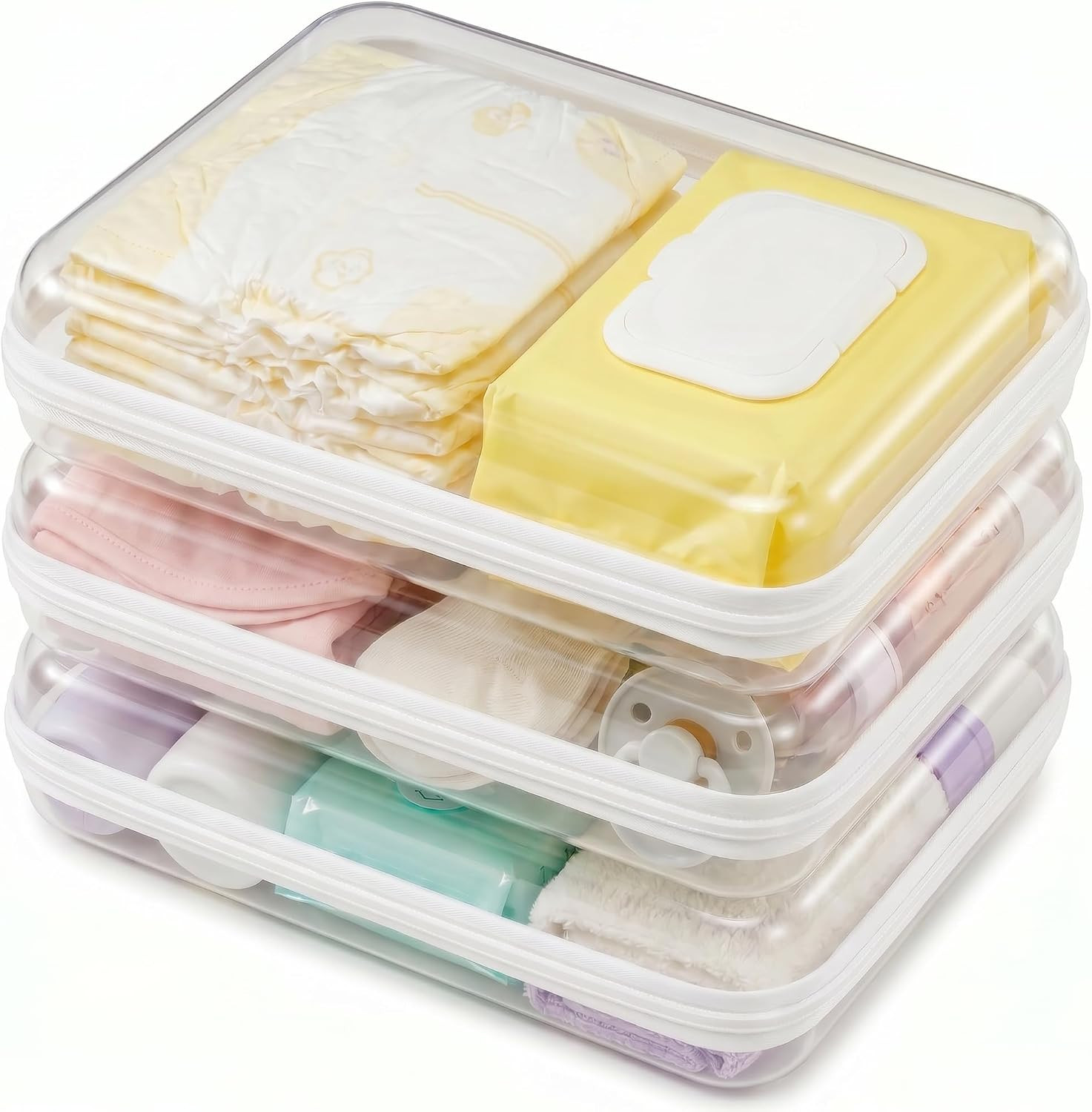 3 Pack Medium White Clear Hard Shell Zipper Case, Clear Storage Organizer Bins with Zipper, Water-Resistant Travel Toiletry Bag for Makeup, Cables, Snacks, Crafts, Office Supplies | Amazon (US)
