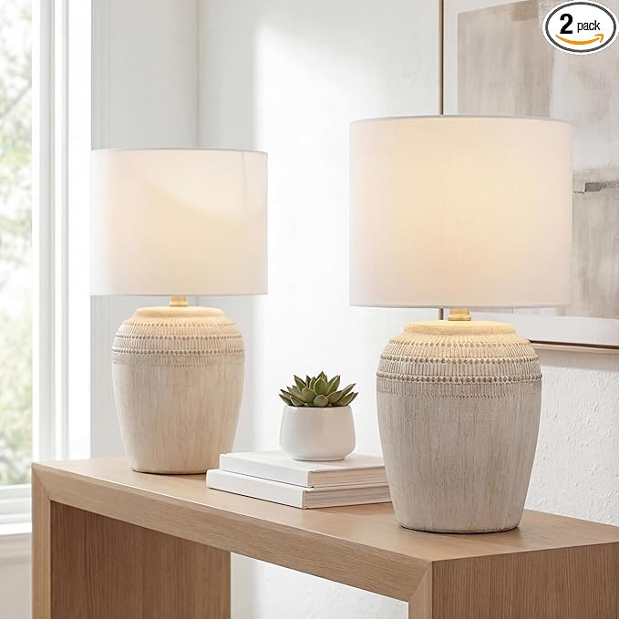 JONATHAN Y 16.75" Antique White/Nickel Ceramic Table Lamp Set of 2, Rustic Traditional Reeded Vas... | Amazon (US)