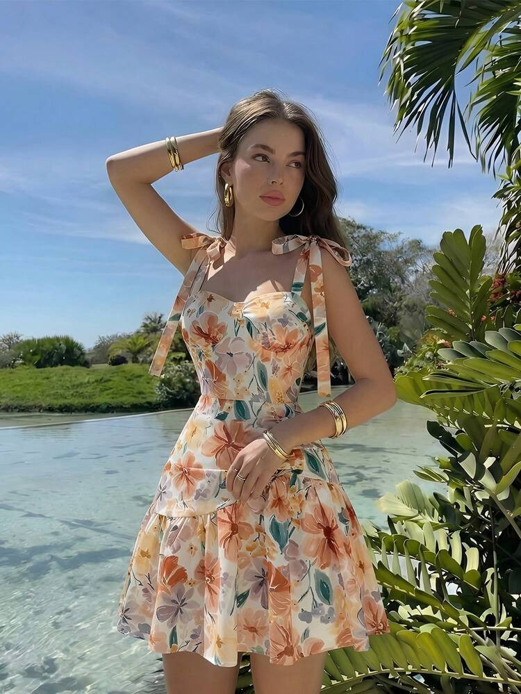 Skyraze Women's Floral Print Camisole Dress,Orange And White Summer Tropical Holiday Vacation Sweetheart Neck Tie Shoulder A-Line Mini Beach Dress | SHEIN