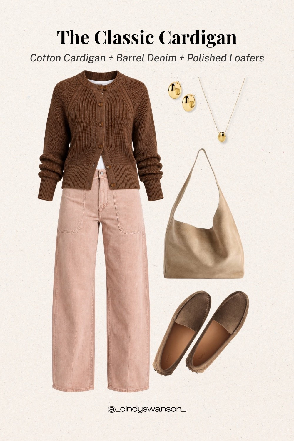 A classic cotton cardigan is one of those wardrobe staples I reach for again and again. I love this rich brown with soft blush-pink utility pants, a simple tee, and suede loafers—the colors feel warm and understated, while the relaxed proportions keep the outfit comfortable and easy for everyday wear.

#LTKootd #LTKOver40 #LTKSeasonal