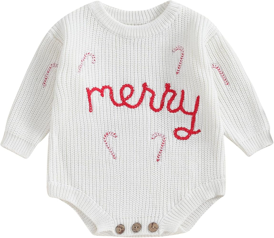 Baby Christmas Sweater Romper Infant Boy Girl Crewneck Candy Cane Embroidery Knit Sweater One-Pie... | Amazon (US)