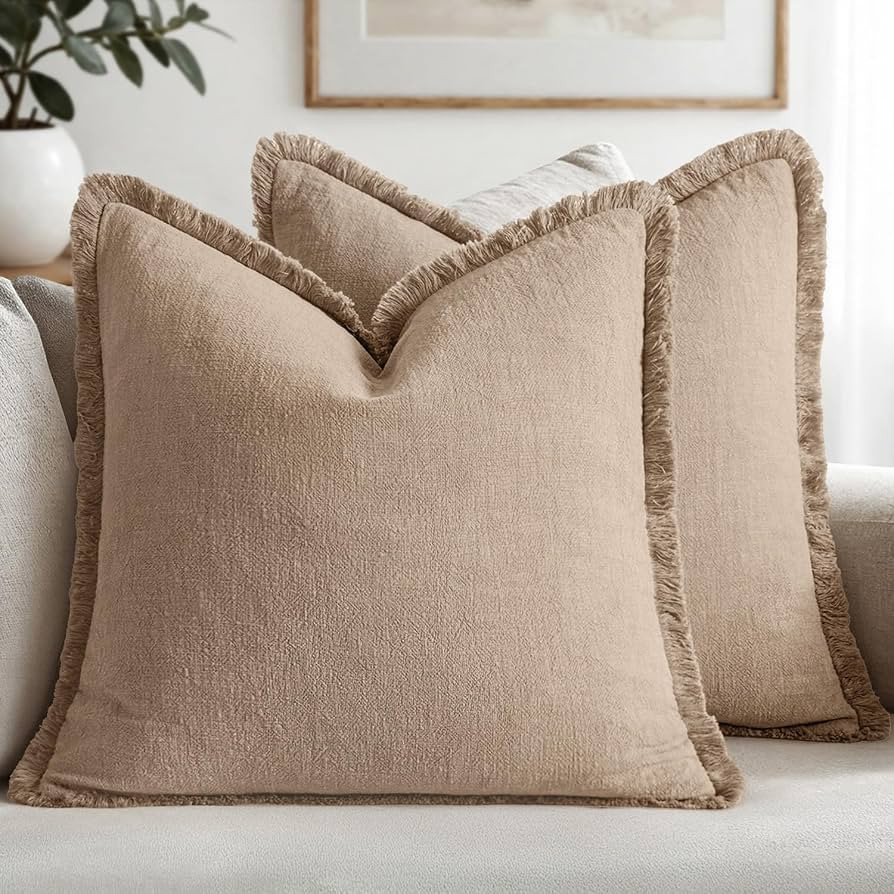 MIULEE Decorative Throw Pillow Covers Neutral Linen Fringe Throw Pillows Set of 2 Camel Boho Farm... | Amazon (US)