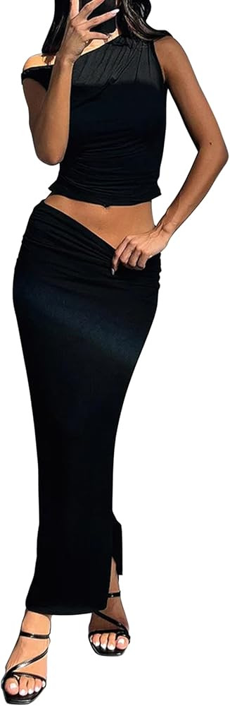 MISSACTIVER Women's Two Piece Outfit Asymmetrical Neck Ruched Crop Top and High Waist Split Maxi ... | Amazon (US)