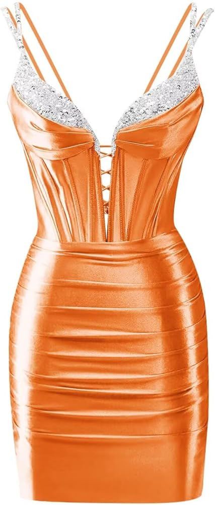 GUKARLEED Spaghetti Straps Homecoming Dresses 2025 for Teens Sequin Formal Dress V Neck Wrap Ruch... | Amazon (US)