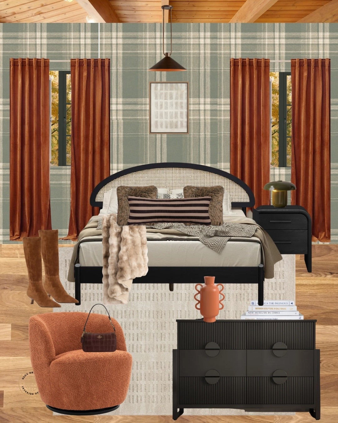 Beautiful Fall-inspired bedroom design. Black affordable bed from Wayfair, black nightstand, orange accent chair, neutral rug, beautiful throw pillows, rust orange curtains, plaid wallpaper. #homedecor #falldecor 

#LTKHome #LTKSeasonal #LTKShoeCrush