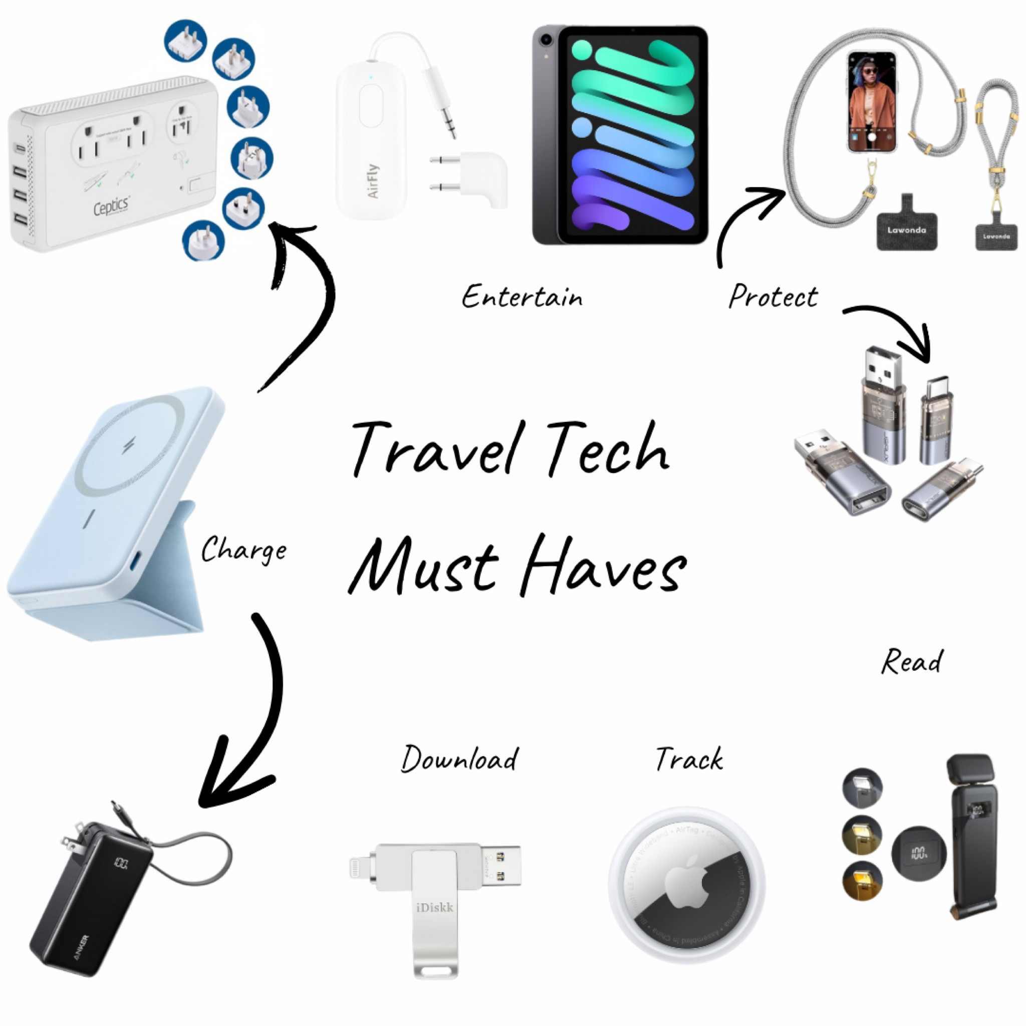 These are some of my travel tech must haves. Chargers including one that goes directly into an outlet, converter and adapter in one, and safety and entertainment options. Perfect for travel.

#LTKFindsUnder100 #LTKTravel #LTKFindsUnder50