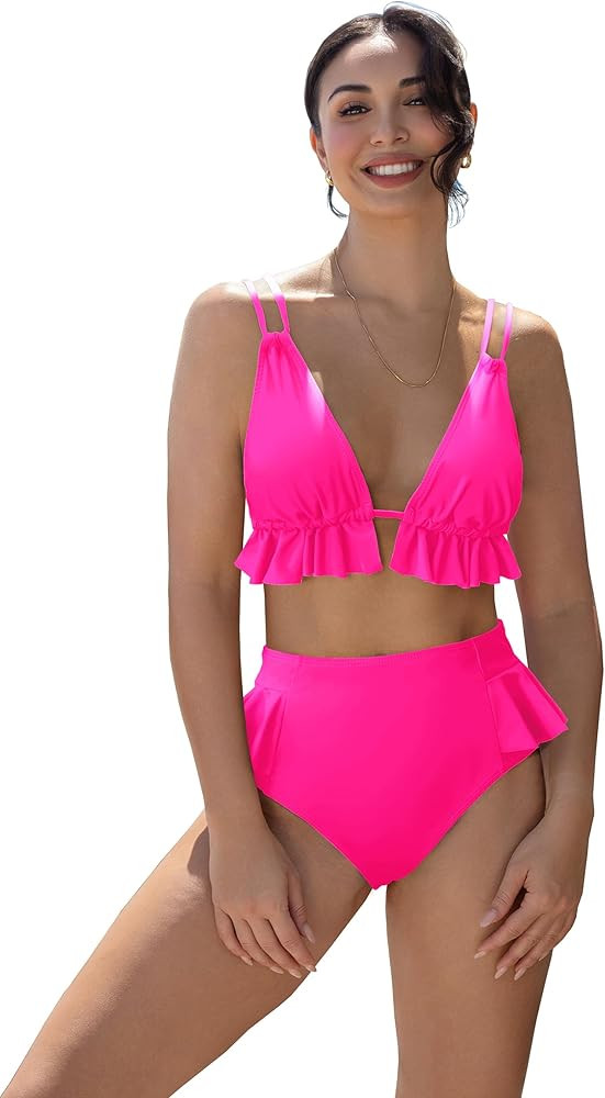 SPORLIKE Women High Waisted Swimsuit Ruffle V Neck Bikini Two Pieces Swimwear | Amazon (US)