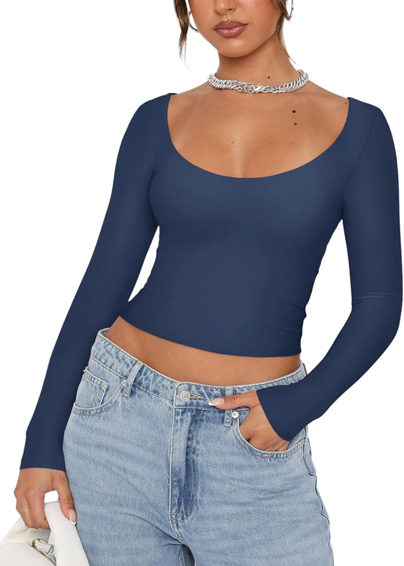 REORIA Womens Sexy Scoop Neck Long Sleeve Double Lined Basic Shirts Fitted Y2K Trendy Crop Tops | Amazon (US)