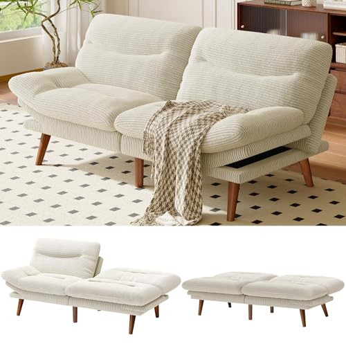 AMADA 66"Convertible Futon Sofa Bed, Corduroy Folding Futon Set with Adjustable Backrest &Armrests, Recliner Lounge for Living Room, Apartment or Office, Solid Wood Frame, Loveseat Sofa - Beige White | Amazon (US)