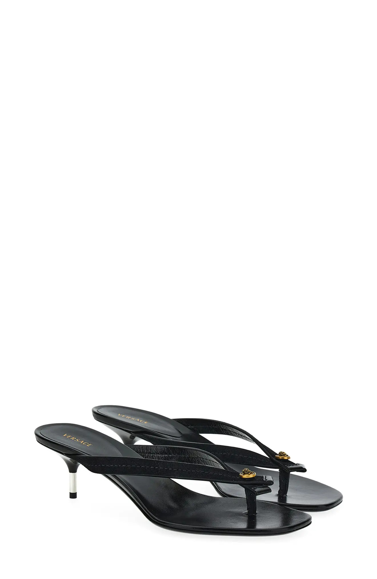 Versace Medusa Leather Thong Sandal in Black-Gold at Nordstrom, Size 9.5Us | Nordstrom