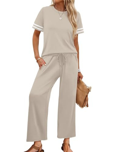 Lounge Sets for Women 2 Piece Short Sleeve Summer Fashion 2026 Beach Vacation Clothes Comfy Travel Outfit Spring Break Wide Leg Pants Matching Sets Women Clothing Beige M | Amazon (US)