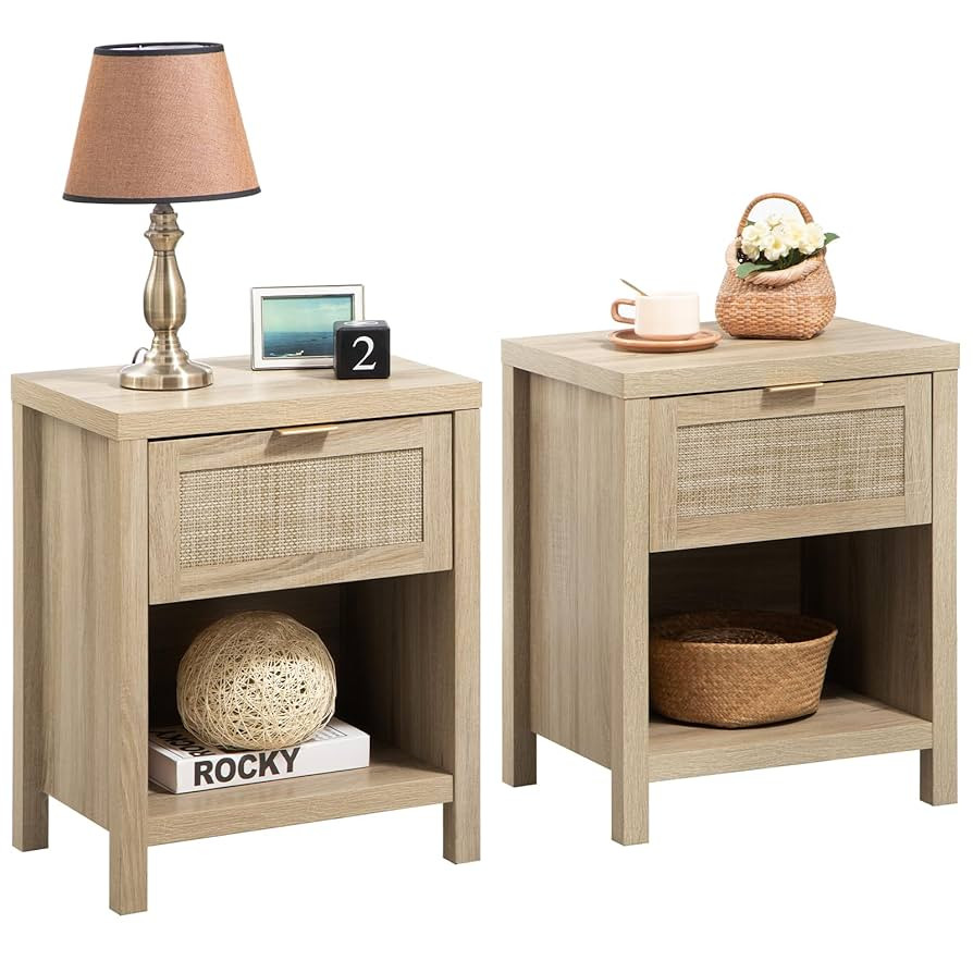 SICOTAS Rattan Nightstands Set of 2, Farmhouse Night Stand Bedside Table with Drawer and Storage ... | Amazon (US)