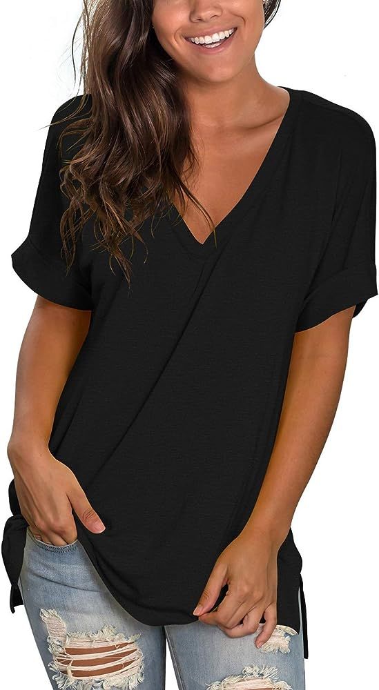 liher Women's Tshirts Casual V Neck Short Sleeve Loose Summer Tunic Tops | Amazon (US)