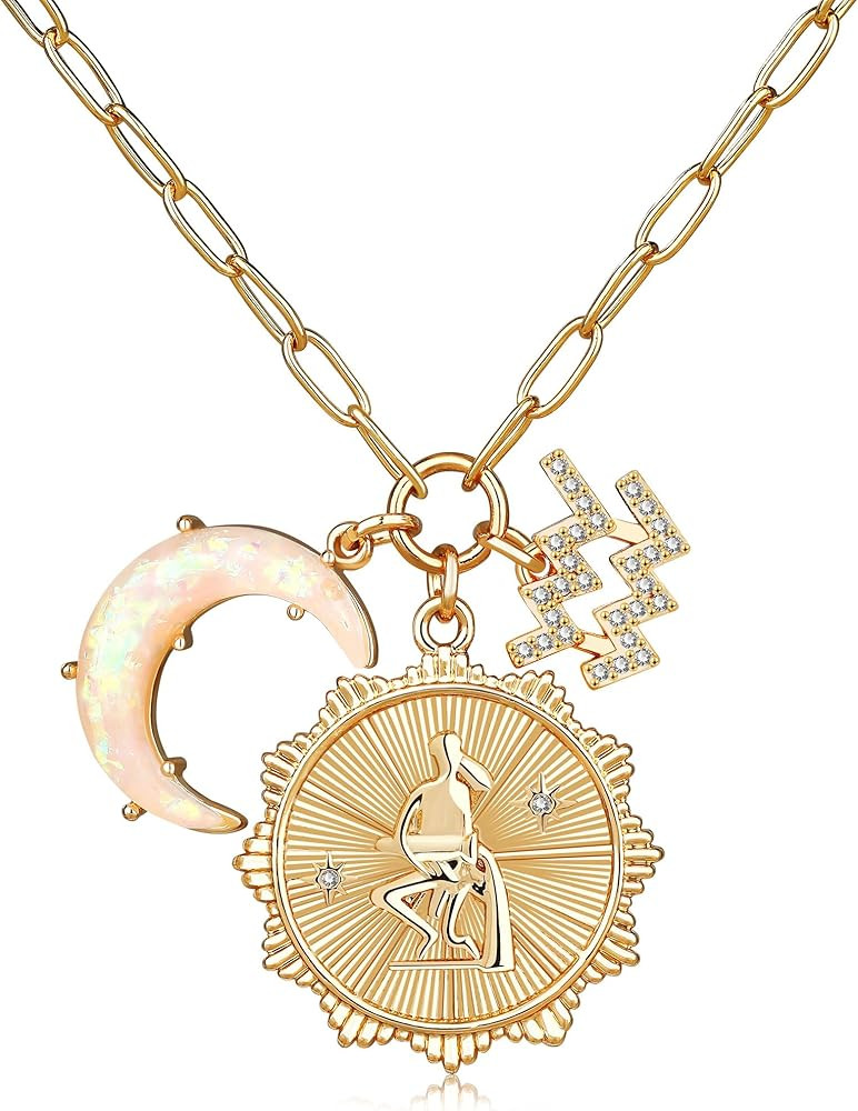 MISS RIGHT Gold Zodiac Sign Coin Necklace with Opal Crescent Moon Charm for Women Trendy, Dainty ... | Amazon (US)