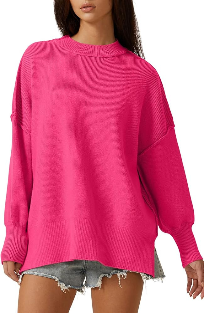 QINSEN Womens Mock Neck Long Sleeve Pullover Drop Shoulder Side Slit Street Tunic Sweater | Amazon (US)