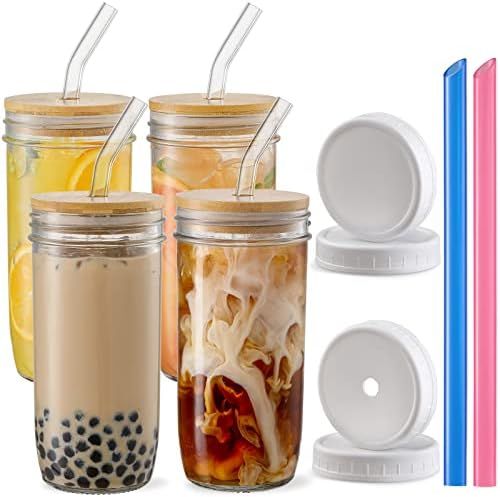 4 Pack Glass Cups Set - 24oz Mason Jar with Bamboo Lids and Glass Straw & 2 Airtight Lids - Cute ... | Amazon (US)