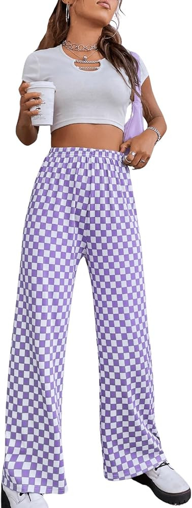 OYOANGLE Women's Checkered Printed High Elastic Waisted Wide Leg Pants Loose Fitted Streetwear Lo... | Amazon (US)