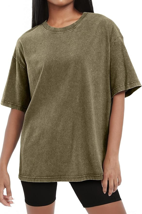 SHEWIN Oversized Wash Out Fabric Tee Shirts Trendy Cotton Tops Casual Work Tshirt 2026 | Amazon (US)