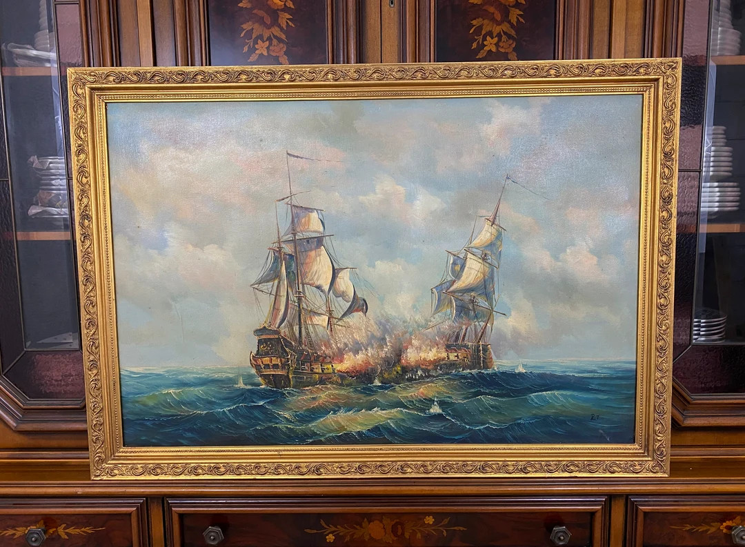 Large Oil Painting in Golden Frame Ships Sea Battle Sailing - Etsy | Etsy (US)