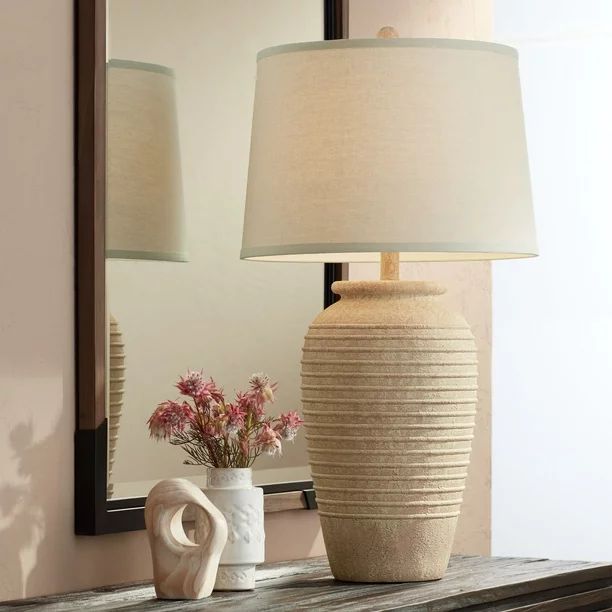 John Timberland Rustic Table Lamp Southwest Sand Toned Ridged Cream Linen Drum Shade for Living R... | Walmart (US)