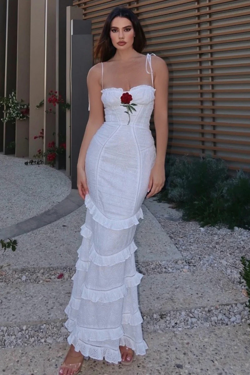 Chiara | White Broderie Rose-Embroidered Ruffled Maxi Dress | Club L London