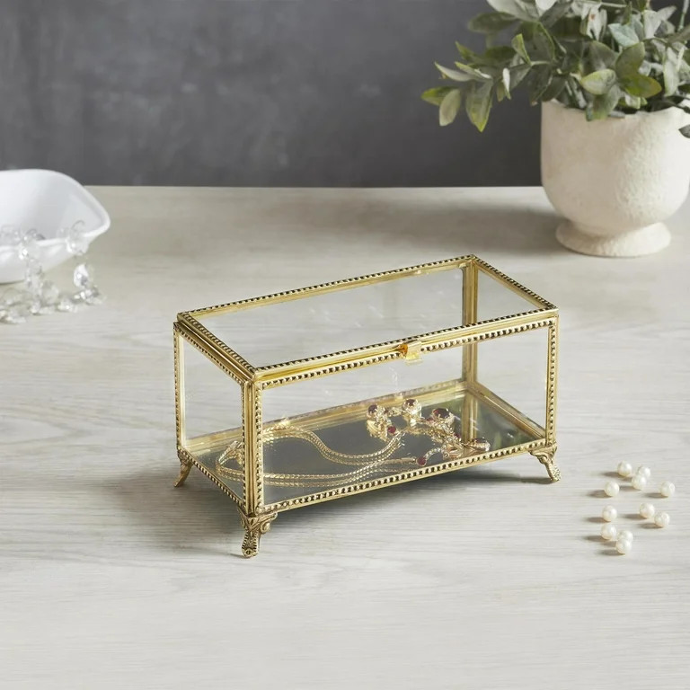 My Texas House Tall Gold Brass and Glass Decorative Storage Box, 7" x 3.5" x 4" | Walmart (US)