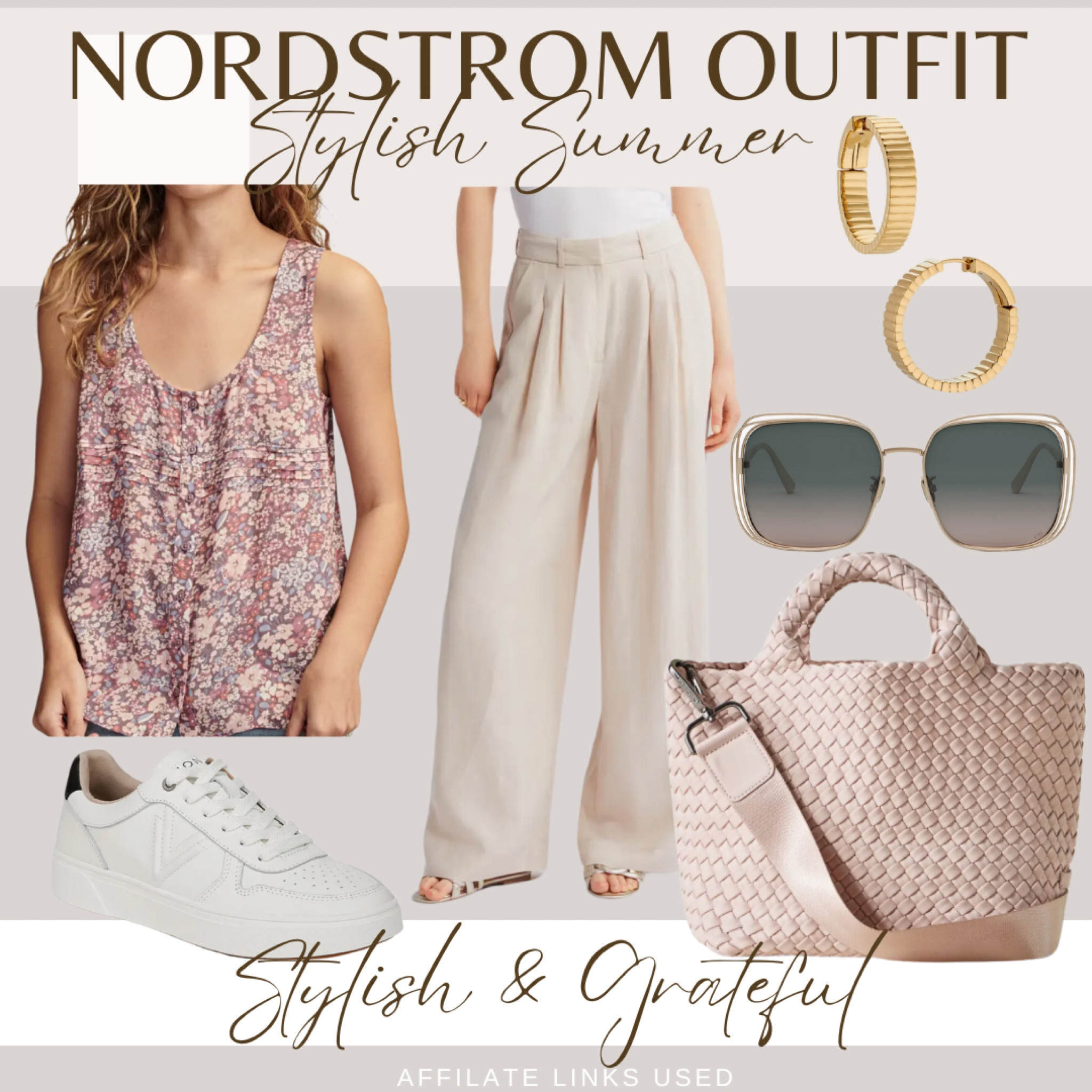 Embrace the casual chic vibe this summer with a stylish outfit from Nordstrom. This ensemble features a flowy floral tank top paired with wide-legged beige trousers for a relaxed yet polished look. Complete the outfit with comfortable white sneakers, perfect for all-day wear. Accessorize with trendy gold hoop earrings, gold-rimmed sunglasses, and a versatile woven handbag. This look effortlessly combines comfort and style, making it ideal for any casual summer outing. Shop this chic summer outfit now! #StylishAndGrateful #SummerFashion #NordstromOutfit #CasualChic #AffiliateLinks

#LTKOver40 #LTKSeasonal #LTKSummerSales