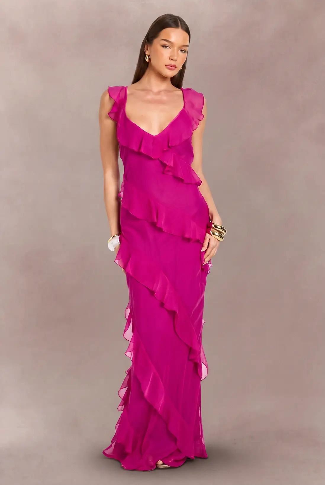 Hot Pink Chiffon Ruffle Detail Backless Maxi Dress | Boohoo | Boohoo.com (UK & IE)