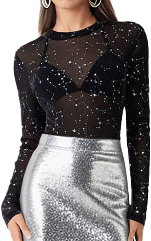 AKEWEI Womens Mesh Long Sleeve Tops Crew Neck Sexy See Through Tee Shirts Party Club Night Lace B... | Amazon (US)