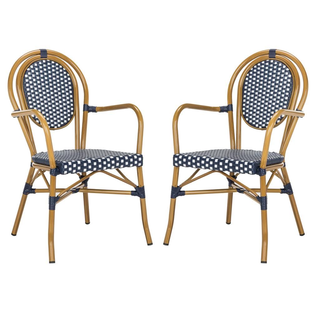 Safavieh Rosen Navy/White Stackable Aluminum/Wicker Outdoor Dining Chair (2-Pack) | The Home Depot