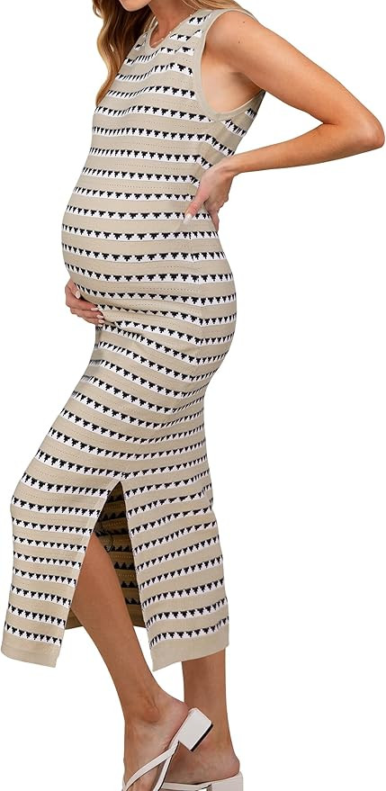 OUGES Maternity Dress Midi Dress Sweater Dress Knit Striped Bodycon | Amazon (US)