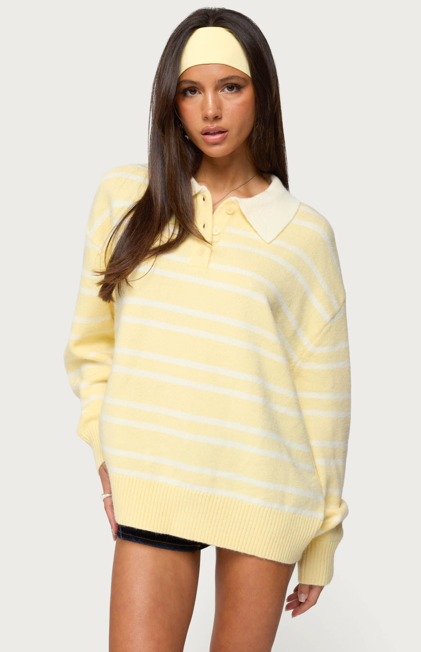Edikted Women's Rilynn Striped Polo Sweater in Yellow/White - Size XS | PacSun