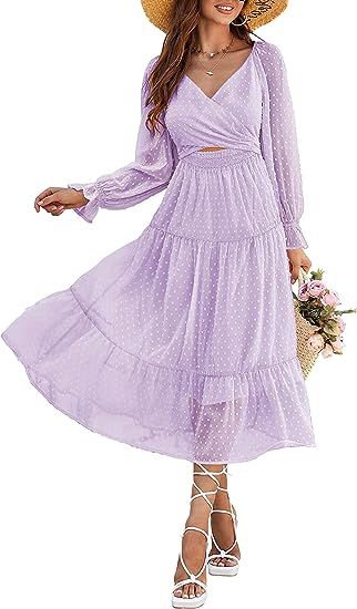 Women's 2023 Boho Long Puff Sleeve Wrap V Midi Dress Swiss Dot Reversible Tie Back Square Neck Ru... | Amazon (US)