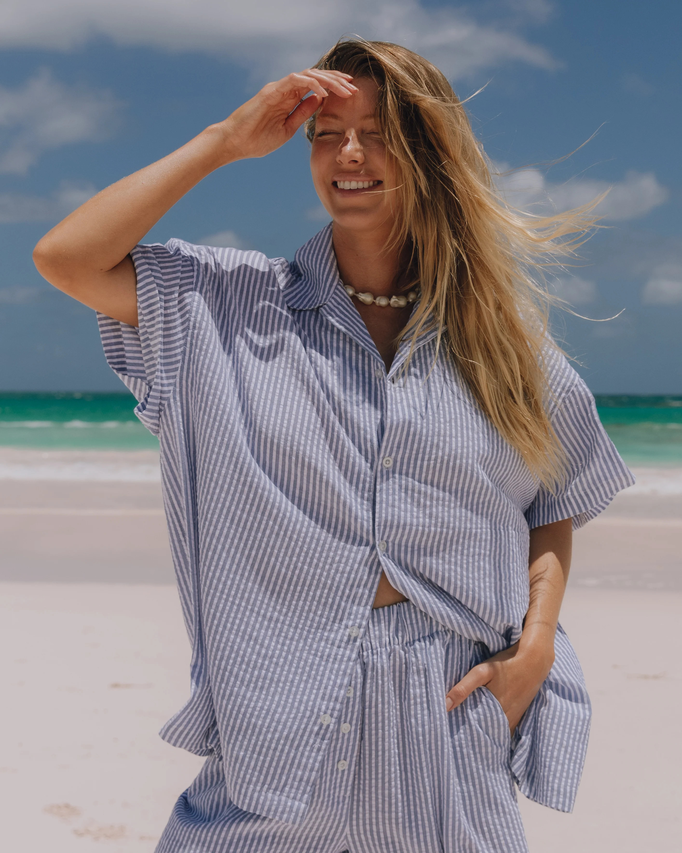 Seersucker Boxy Button Down - Light Blue/White Stripe | Daily Drills