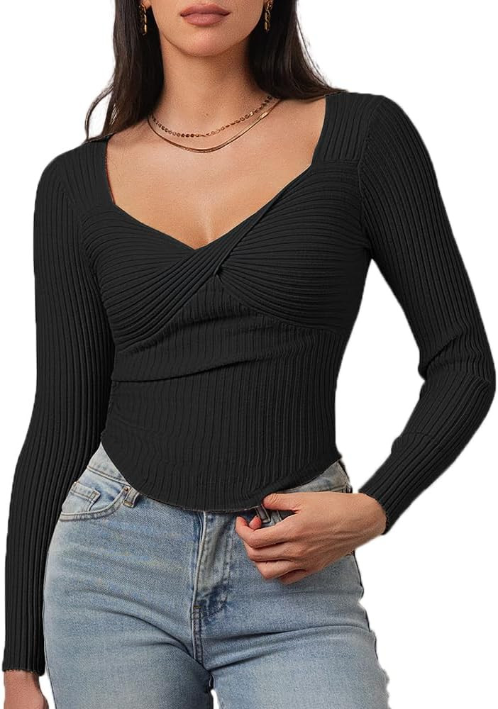 CHYRII Womens Sexy Fall Fashion Twisted Tops Ribbed Knit Winter Pullover Sweater Going Out Crop T... | Amazon (US)