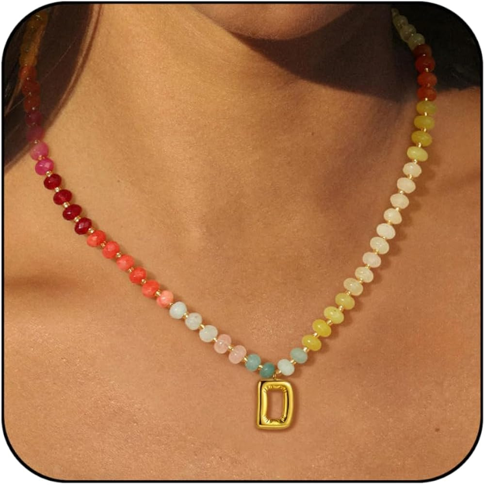 Badu Initial A-Z Colorful Beaded Gemstone Necklaces for Women 14K Gold Letter Pendant Necklace Na... | Amazon (US)